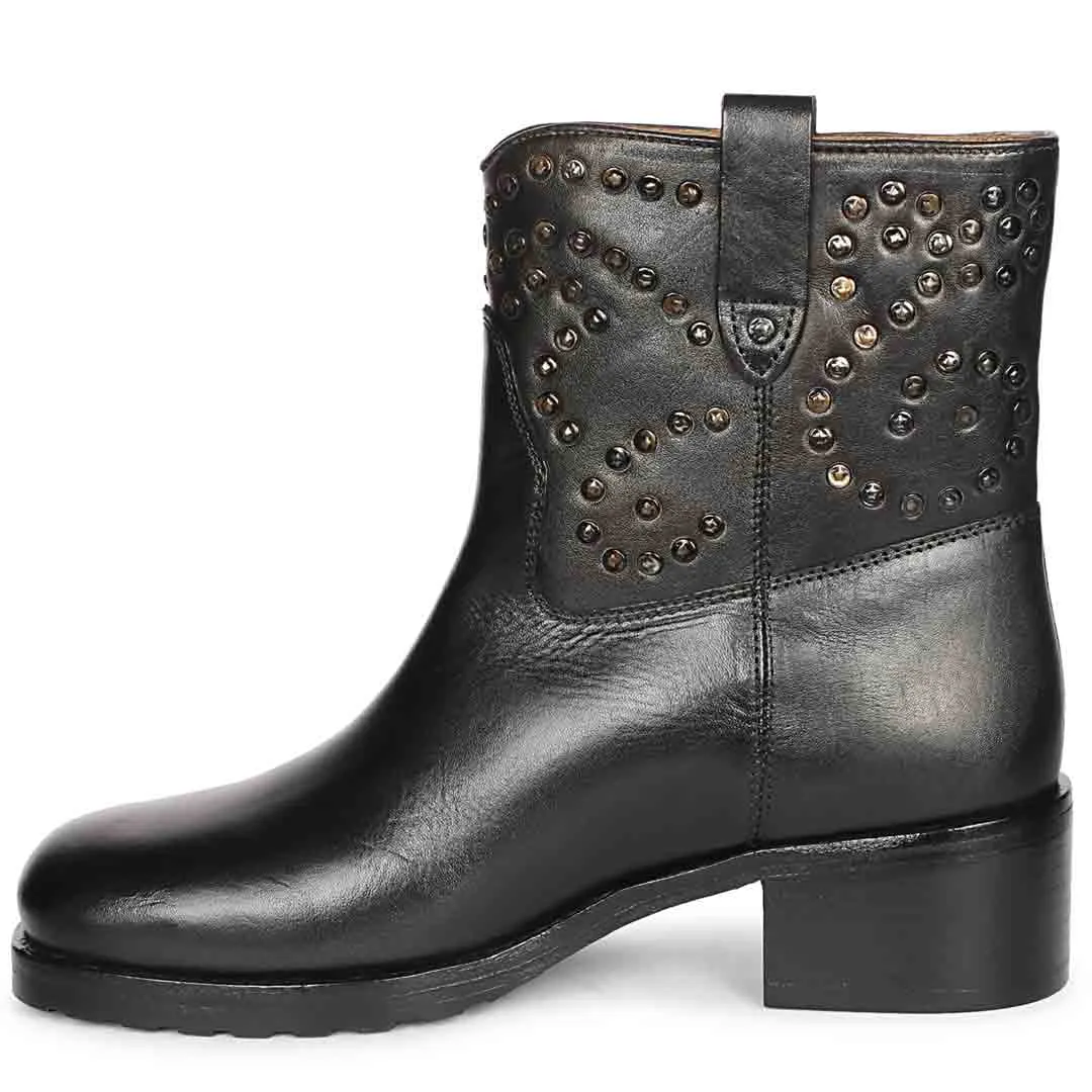 Saint Orly Black Leather Studded High Ankle Boots