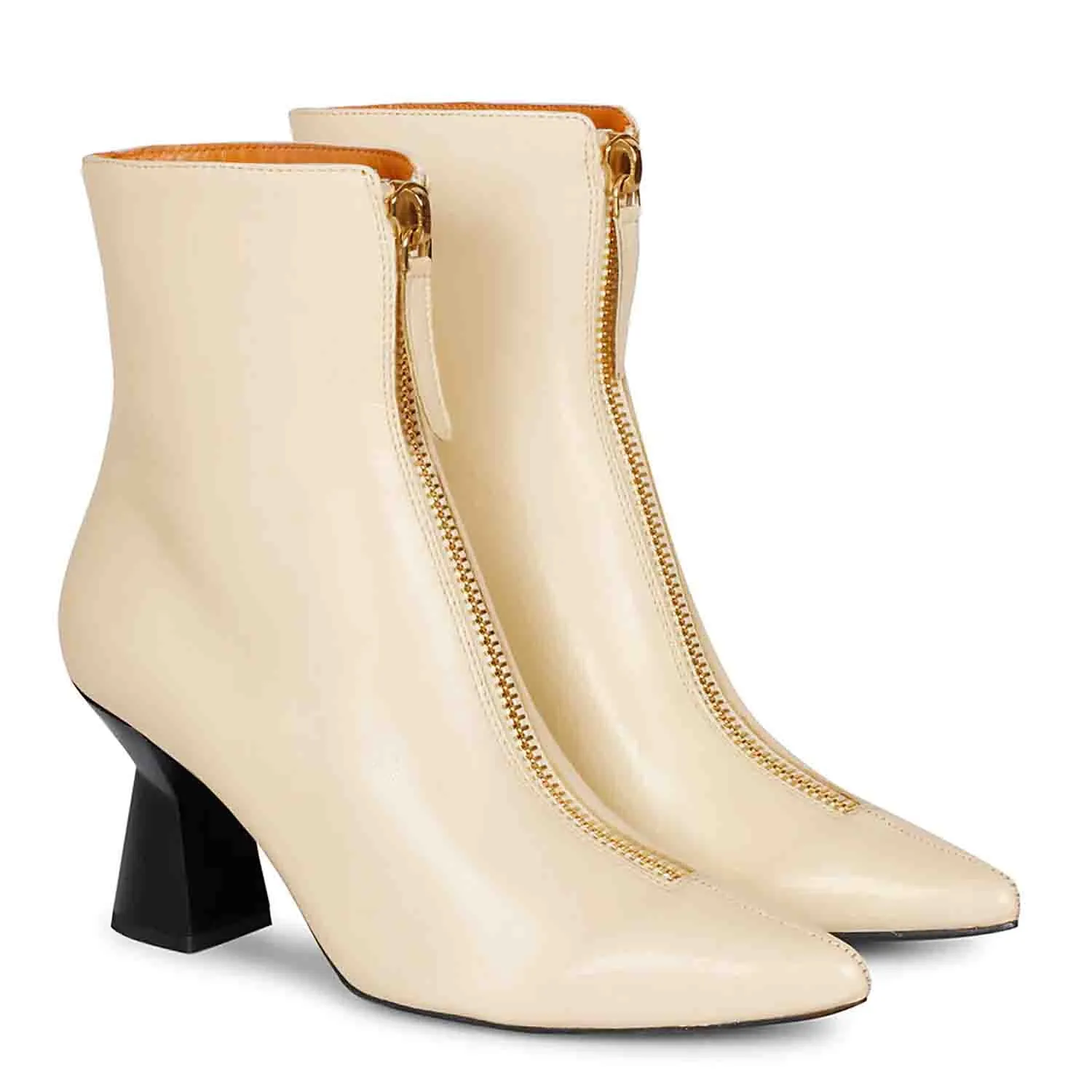 Saint Rose Off White Leather Front Zipper Pointed Toe Heel Boots