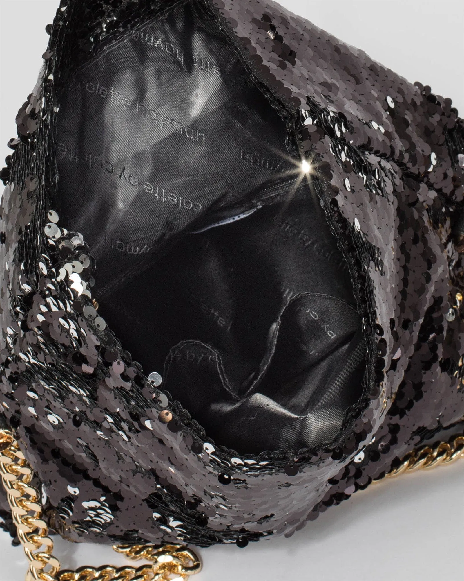 Sequin Foldover Black Clutch Bag