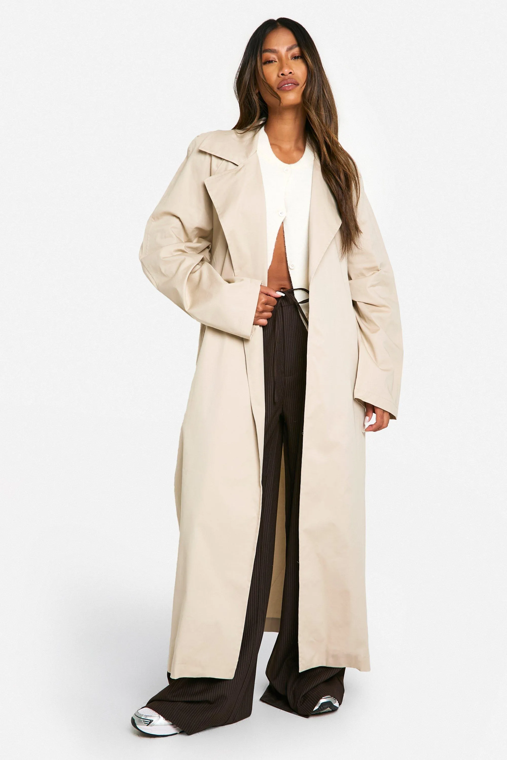 Shoulder Pad Maxi Belted Trench Coat