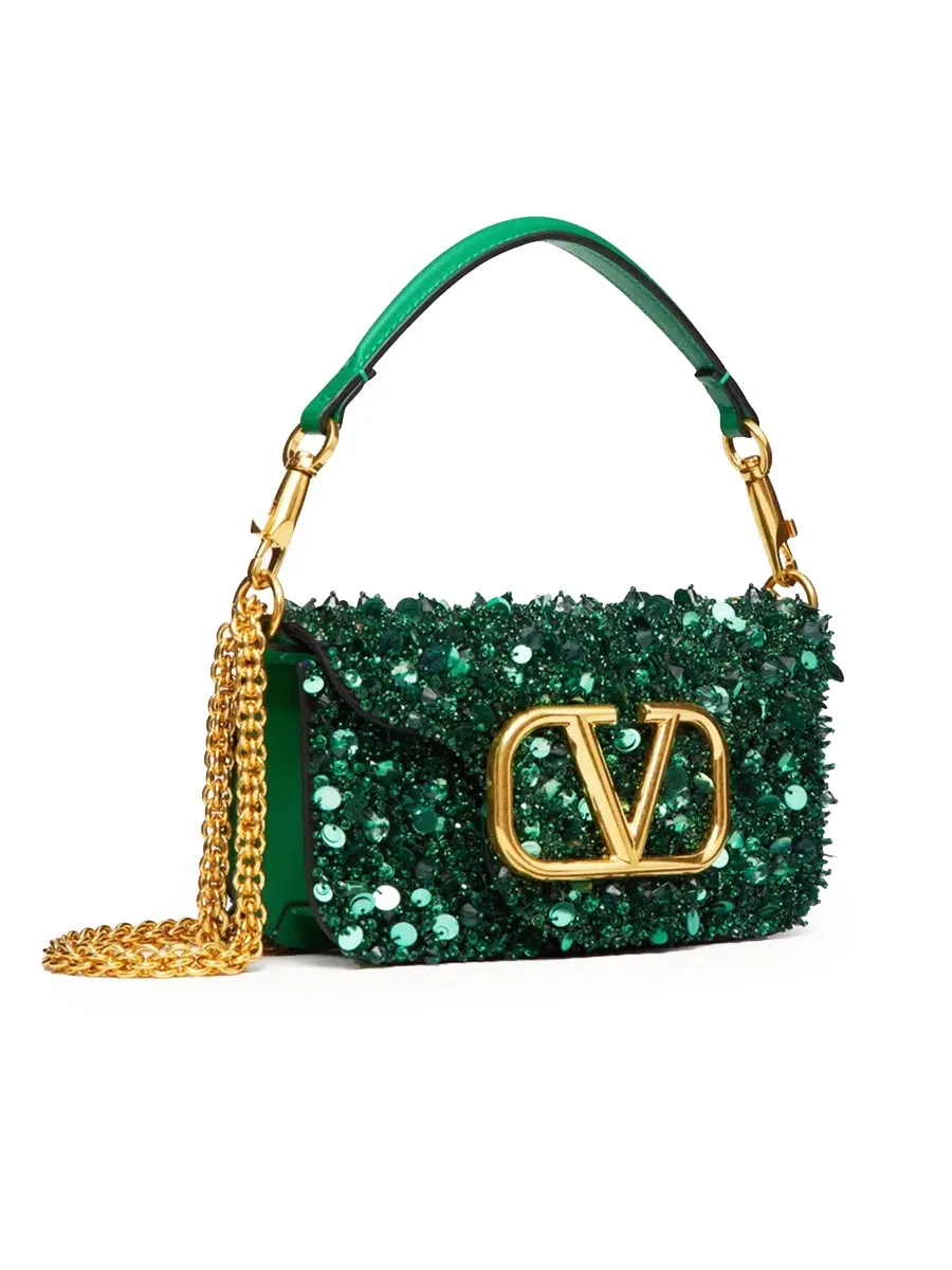 Small Loco Shoulder Bag with 3D Embroidery in Antique Green