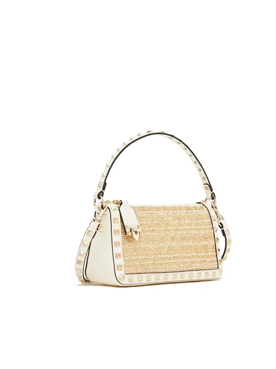 Small Rockstud Shoulder Bag Boucle Raffia in Ivory