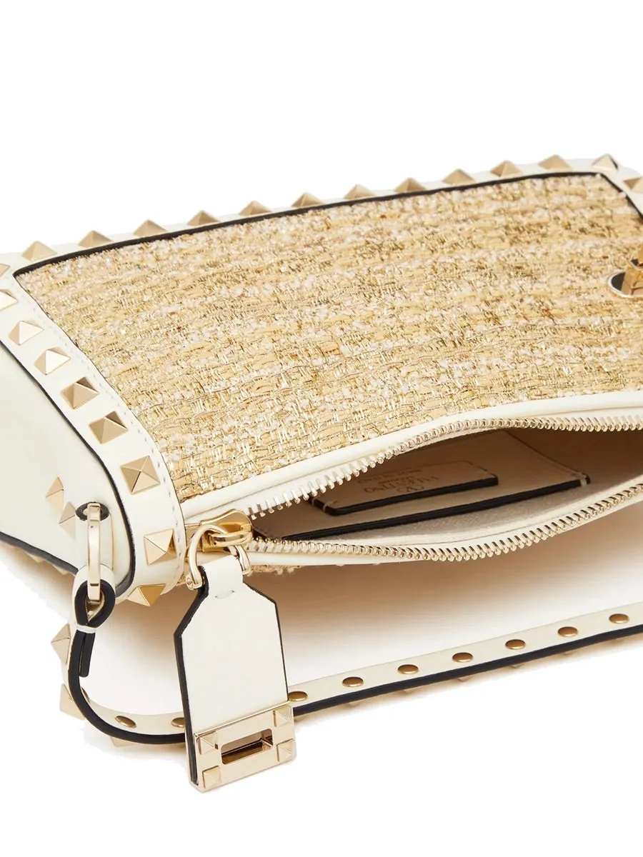 Small Rockstud Shoulder Bag Boucle Raffia in Ivory
