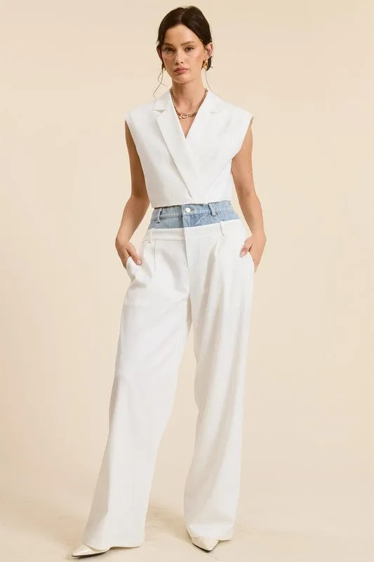 Solid V-Neck Collared Crop Vest