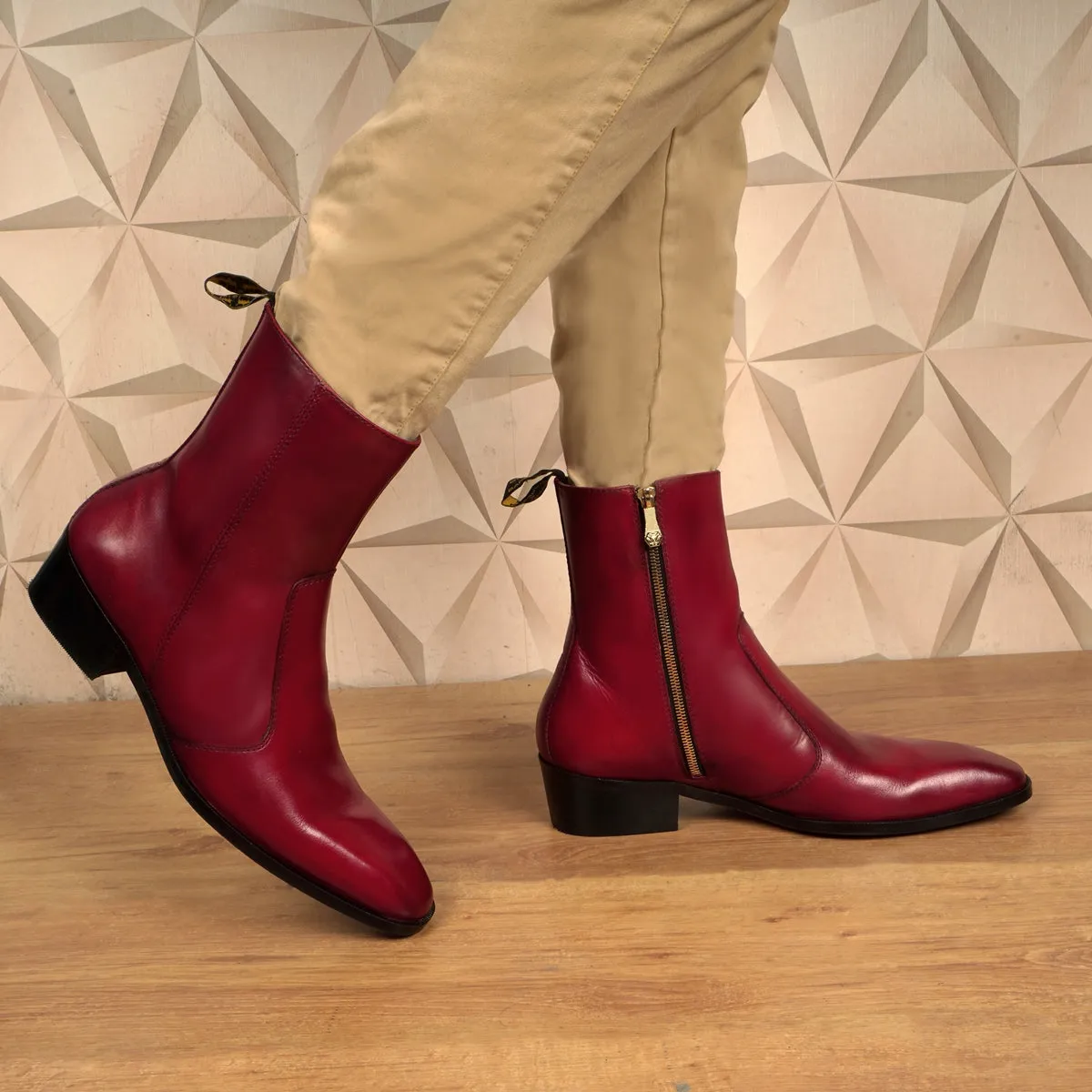 Stitched Wine Men's Leather Formal Boots High Ankle (40MM) Cuban Heel Zipper Closure