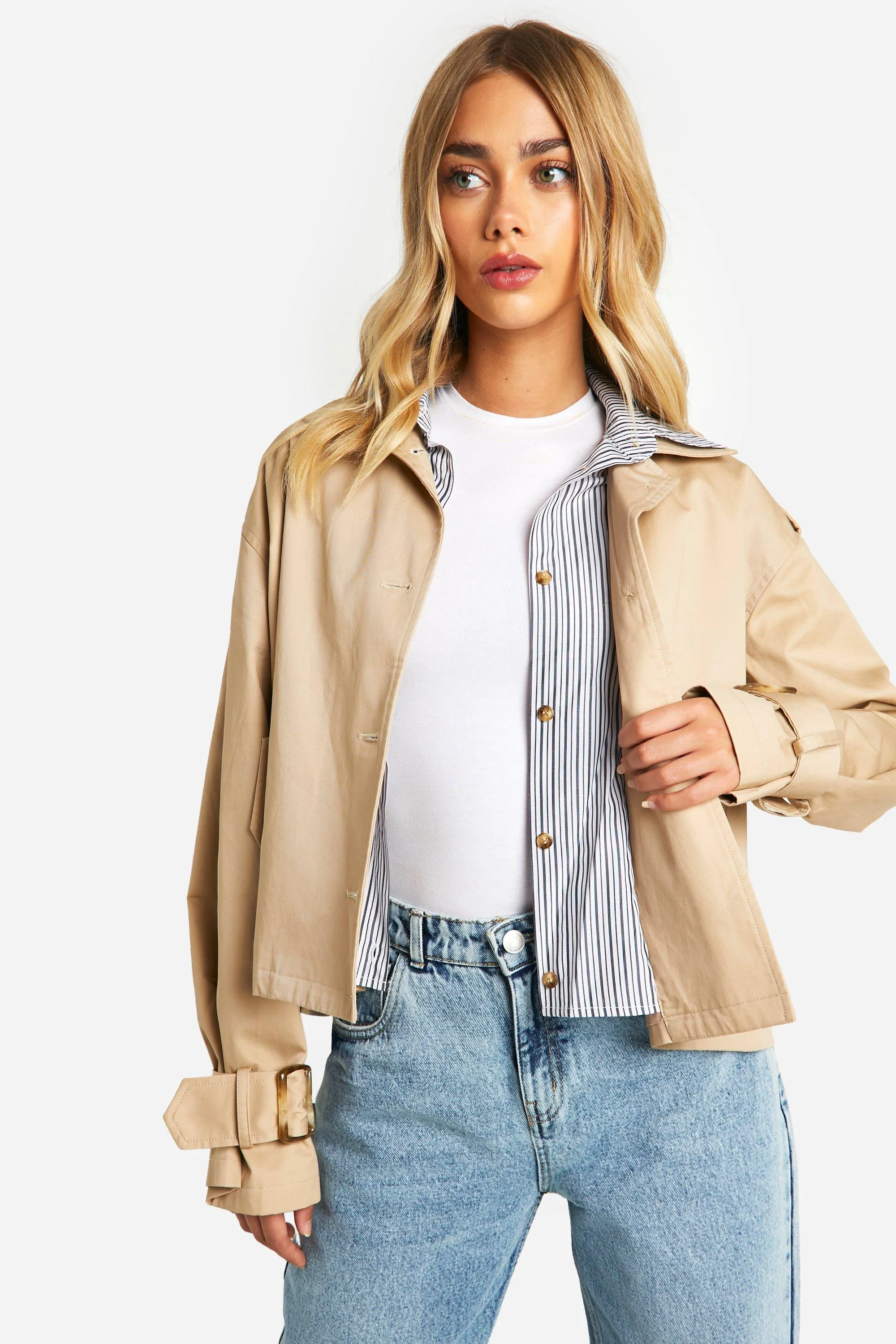 Stripe Shirt Detail Short Trench Coat