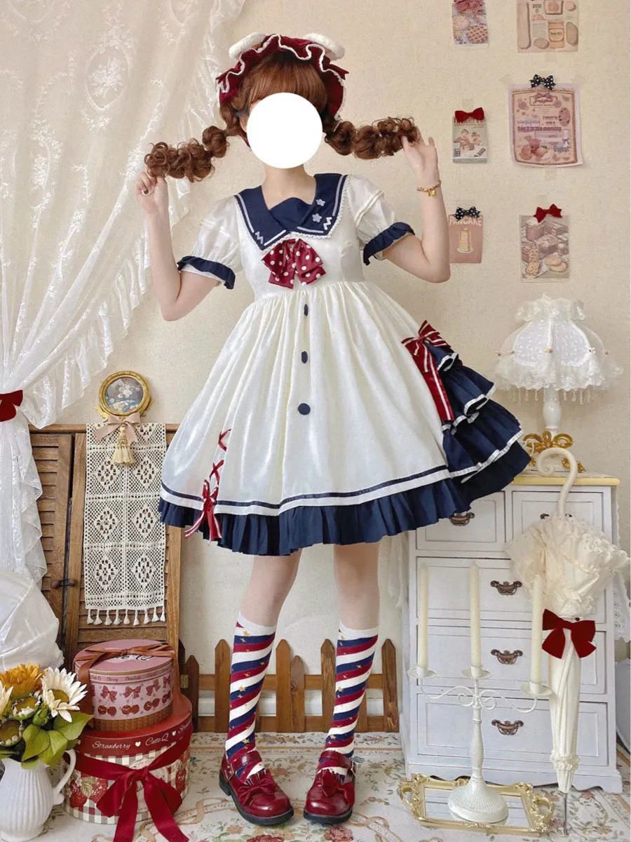 Sweet Lolita Dress Polyester Short Sleeves Dress Navy Style Lolita Dress