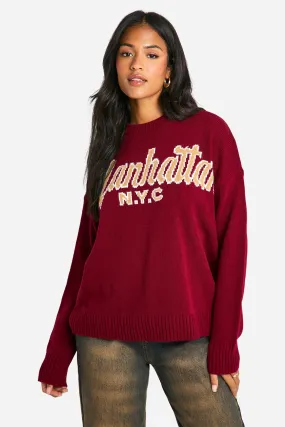 Tall Embroidered Manhattan Oversized Knitted Crew Neck Sweater