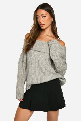 Tall Ribbed Off The Shoulder Knitted Sweater