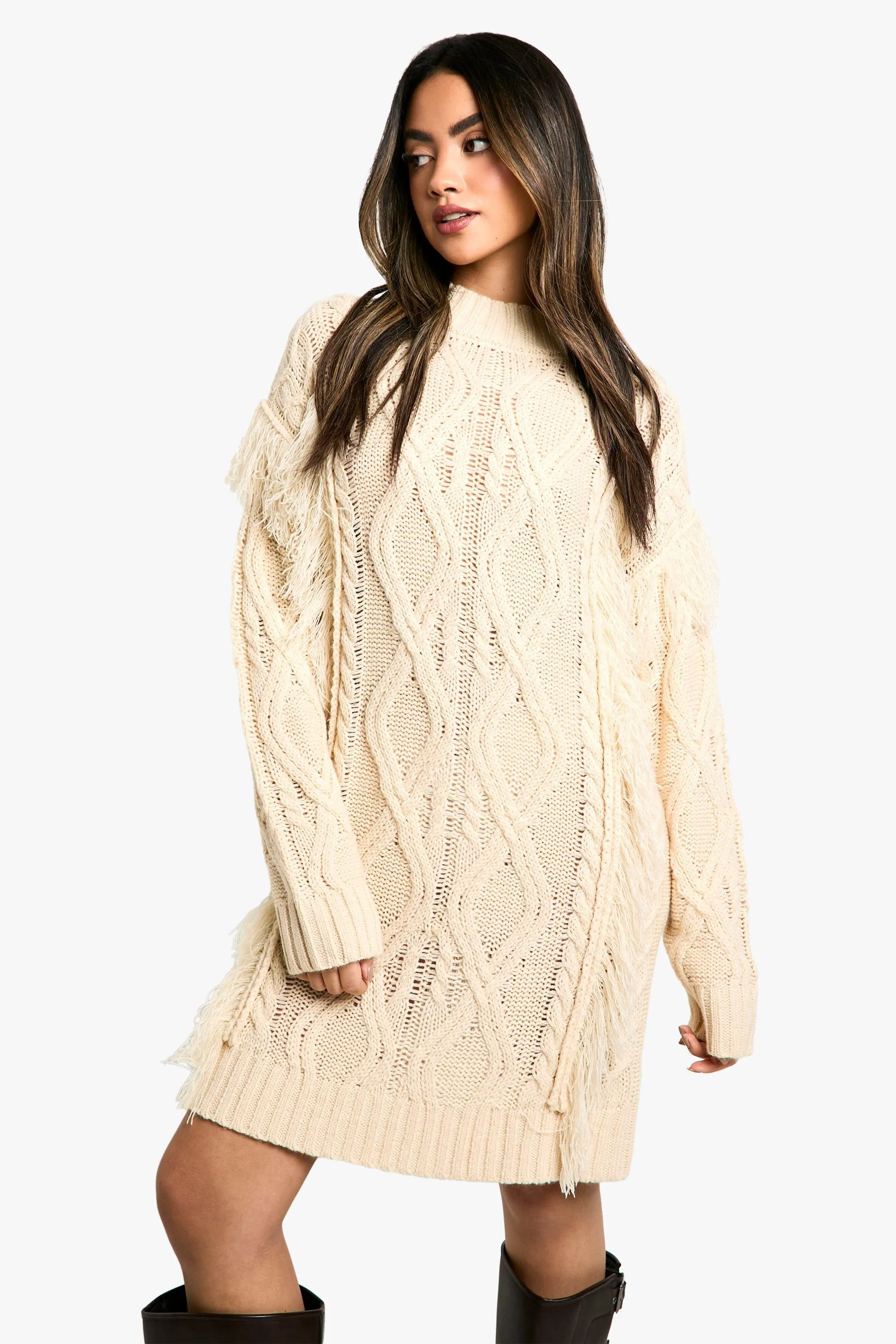 Tassel Knitted Cable Mini Sweater Dress