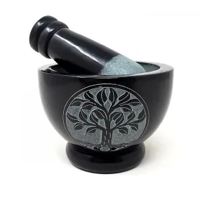 Tree of Life Carved Black Soapstone Mortar & Pestle 4 x 3