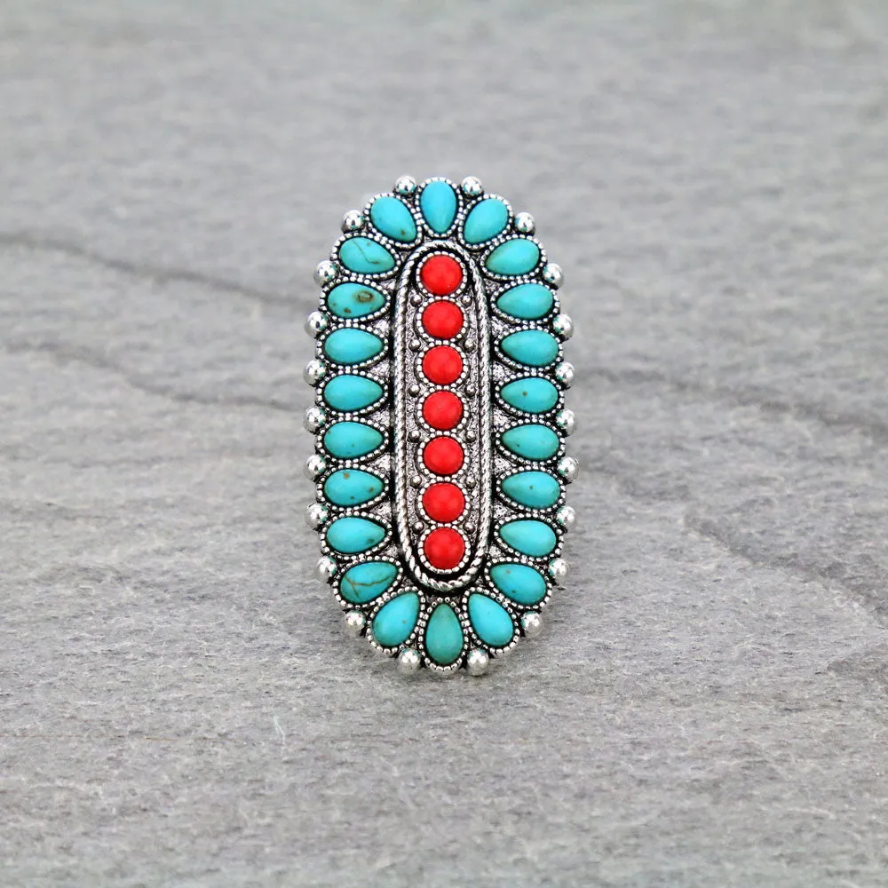 Turquoise and Red Oblong Oval Concho Ring