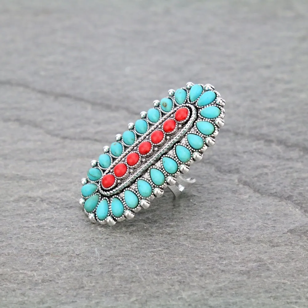 Turquoise and Red Oblong Oval Concho Ring