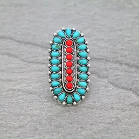 Turquoise and Red Oblong Oval Concho Ring