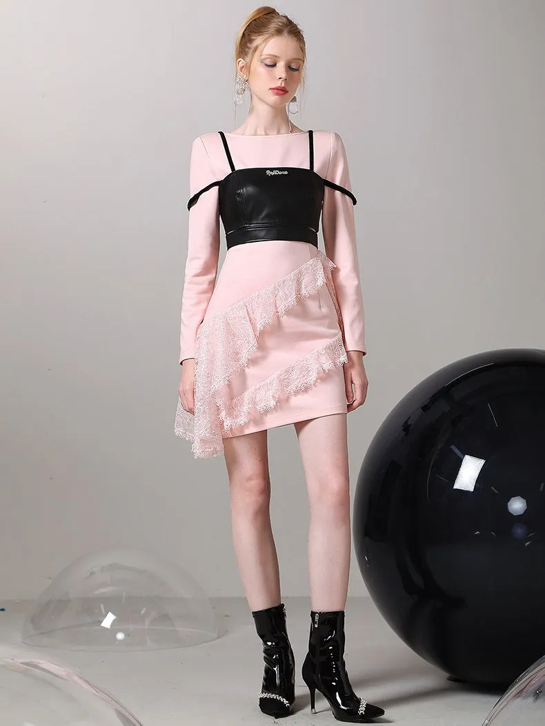 Vest＆One-Piece Leather Asymmetry Lace Feminine Set-Up