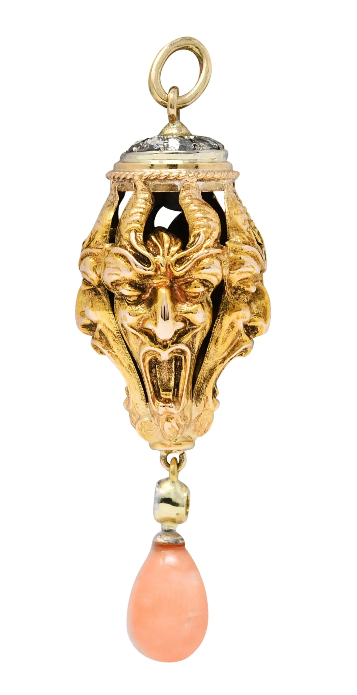 Victorian Pink Coral Diamond 14 Karat Two-Tone Gold Devil Pendant Charm