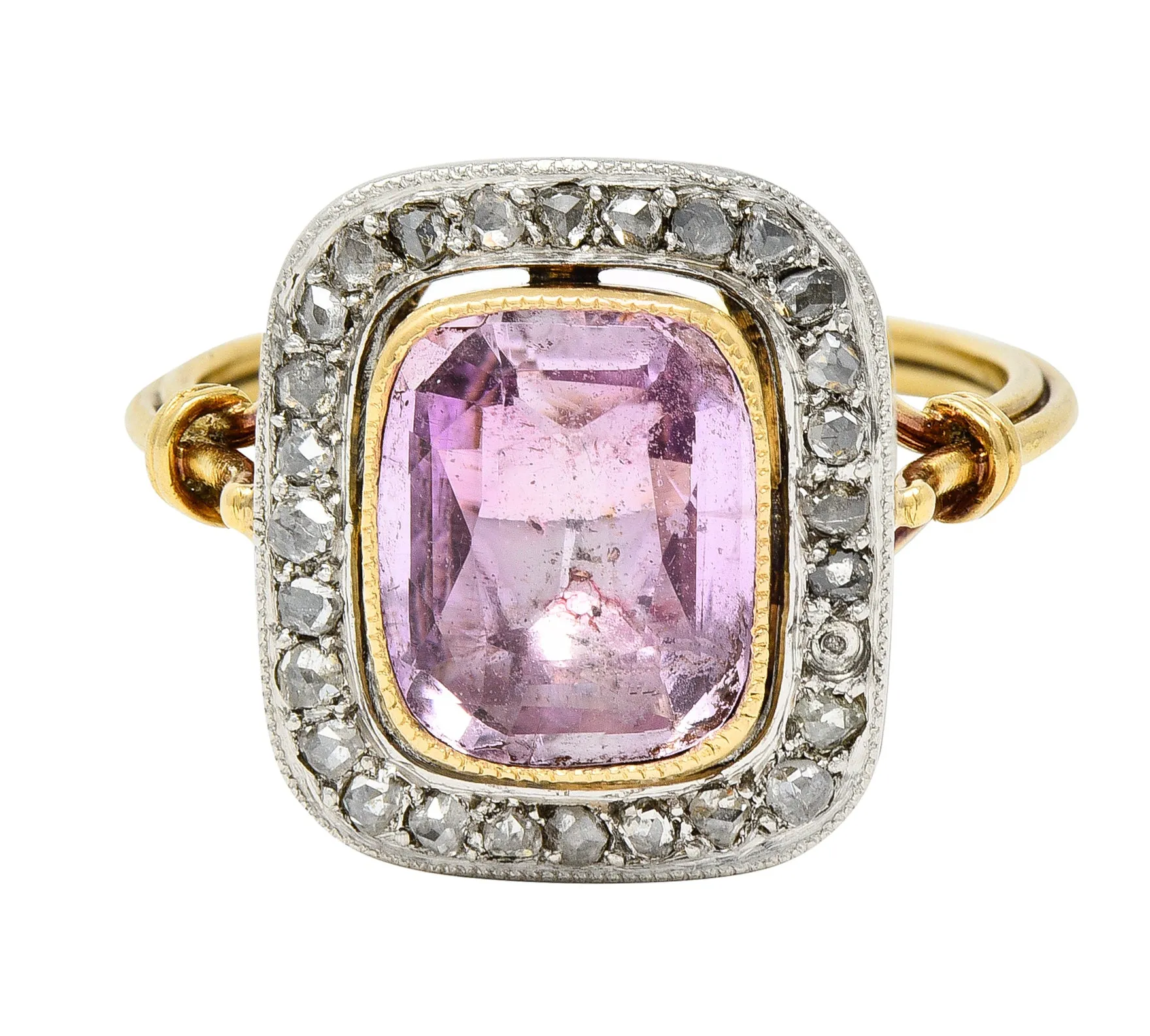 Victorian Pink Sapphire Diamond Platinum 18 Karat Gold Halo Antique Ring