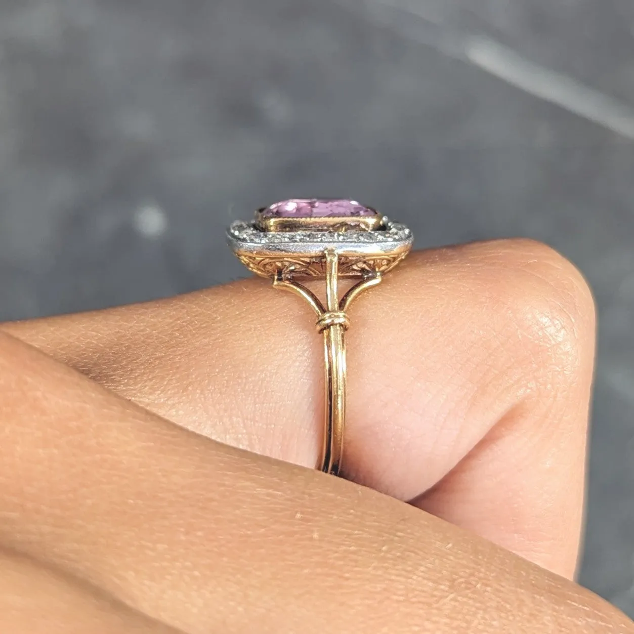 Victorian Pink Sapphire Diamond Platinum 18 Karat Gold Halo Antique Ring