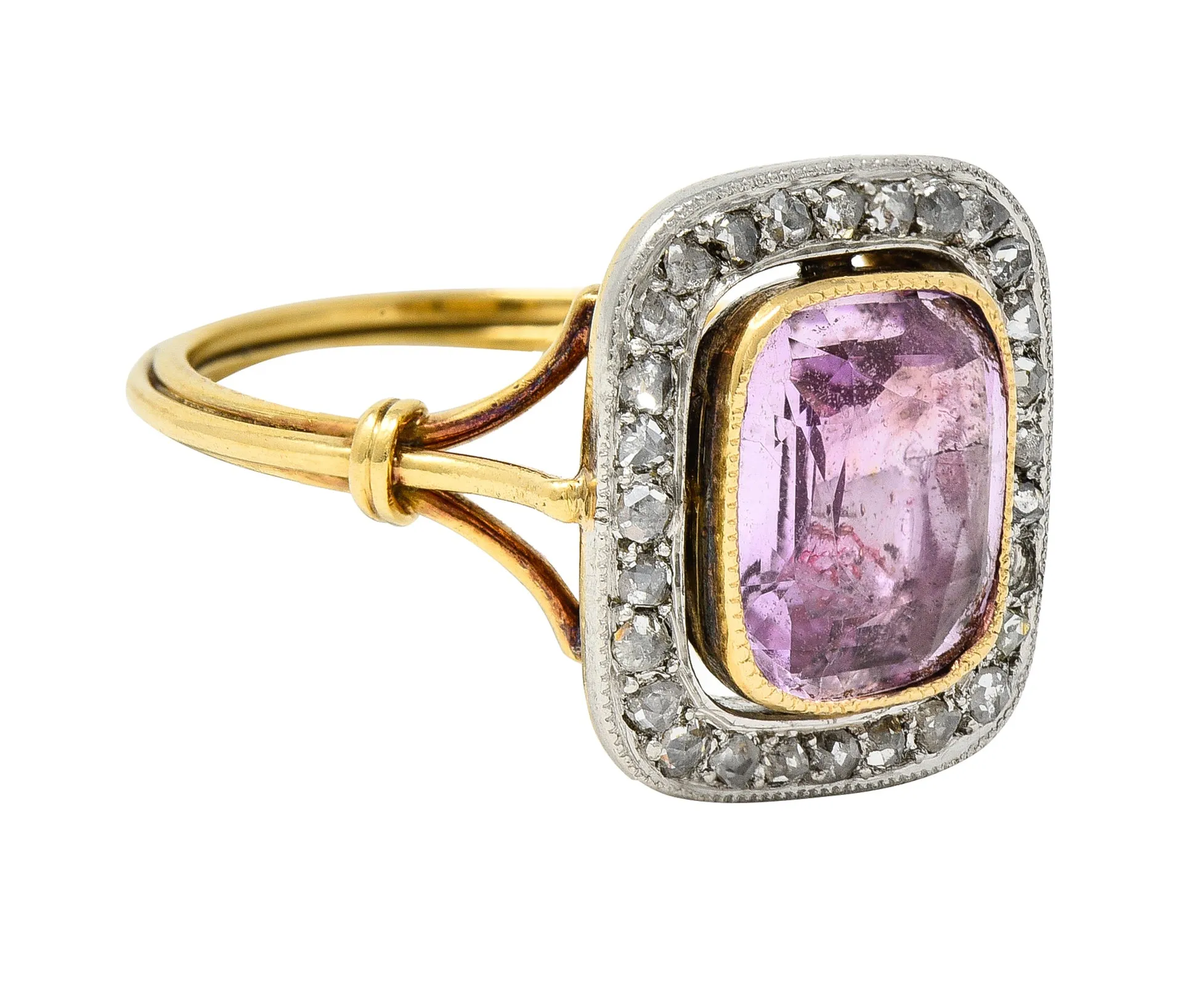 Victorian Pink Sapphire Diamond Platinum 18 Karat Gold Halo Antique Ring