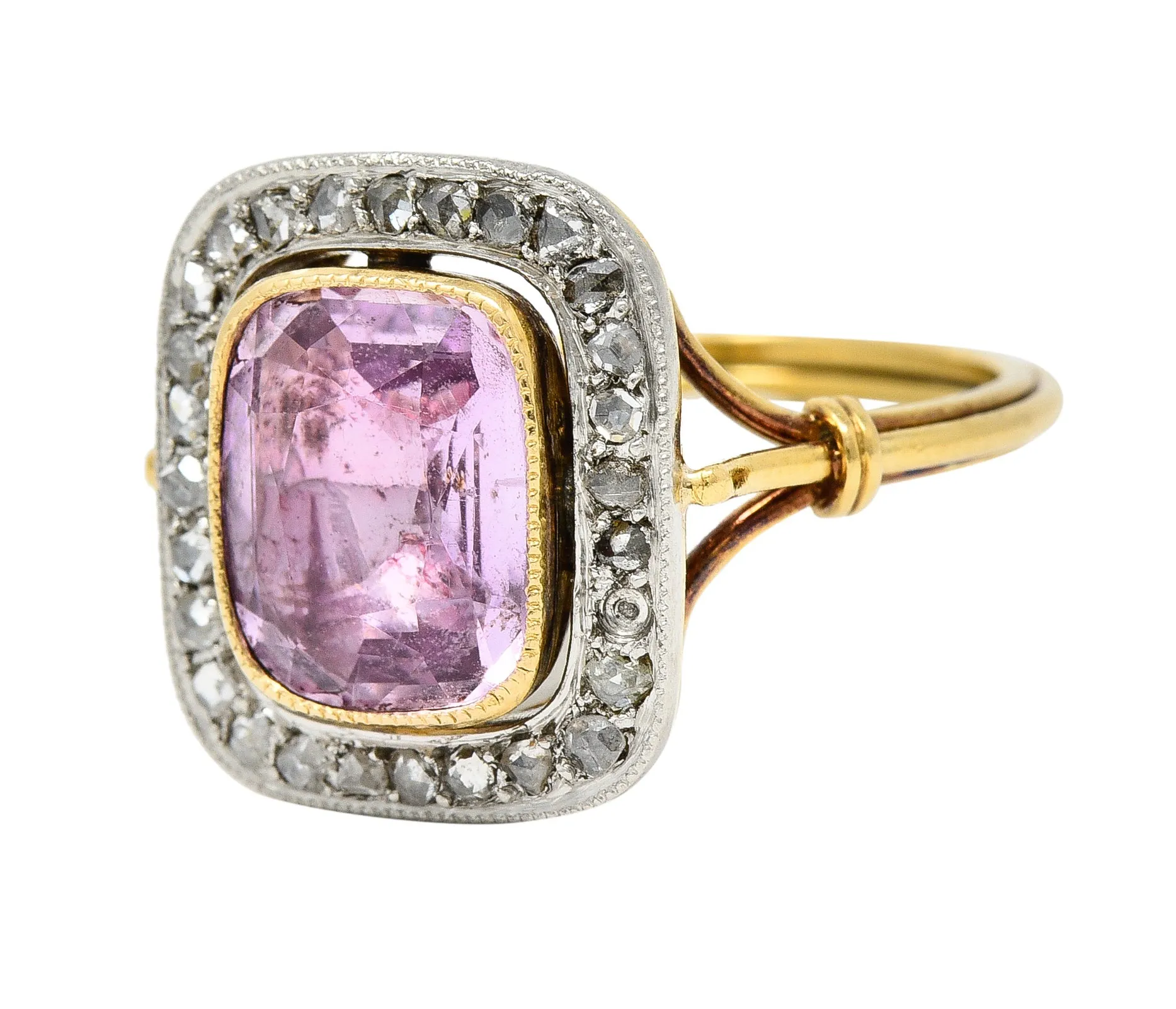 Victorian Pink Sapphire Diamond Platinum 18 Karat Gold Halo Antique Ring