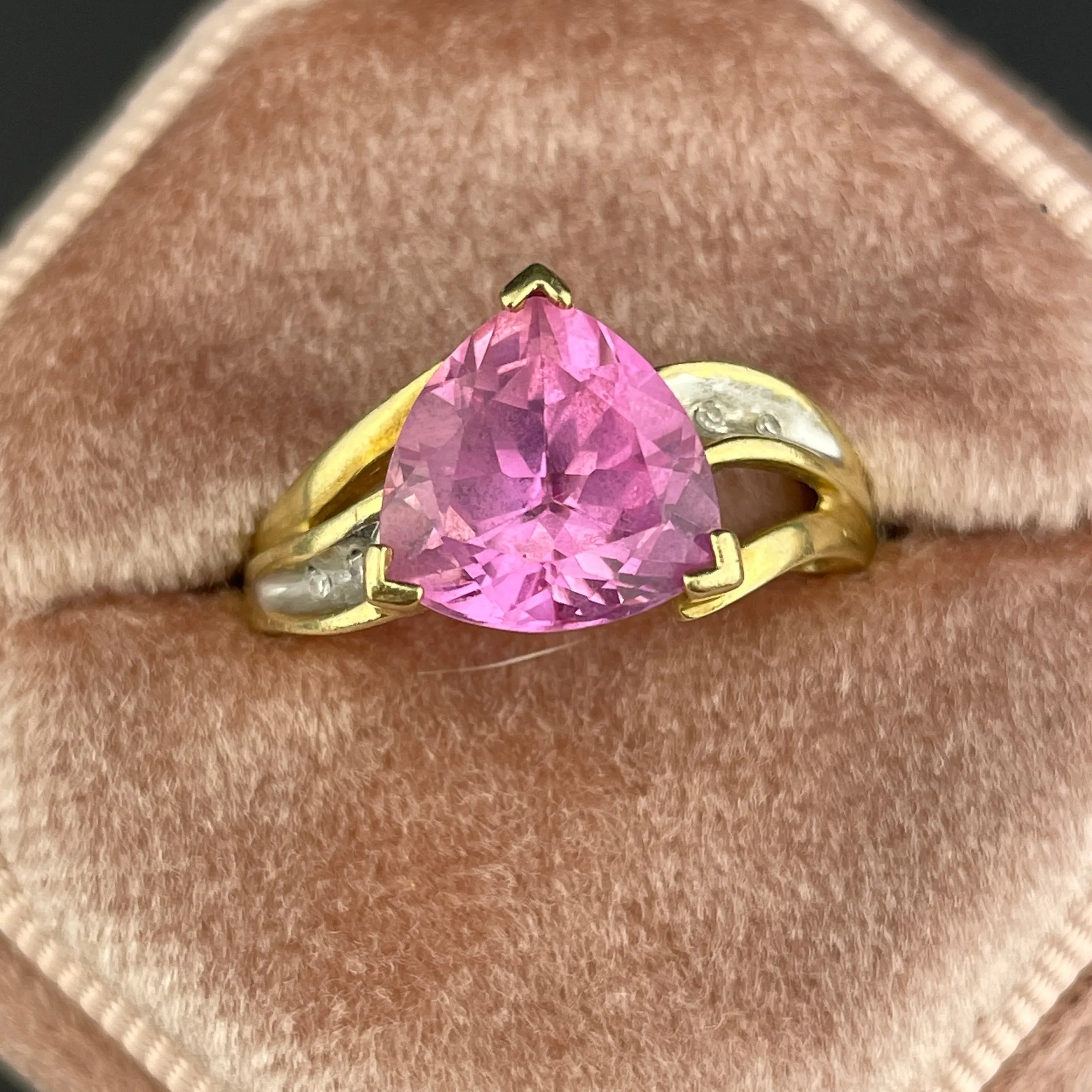 Vintage 10K Trillion Cut Pink Sapphire Diamond Ring, Sz 6 1/2