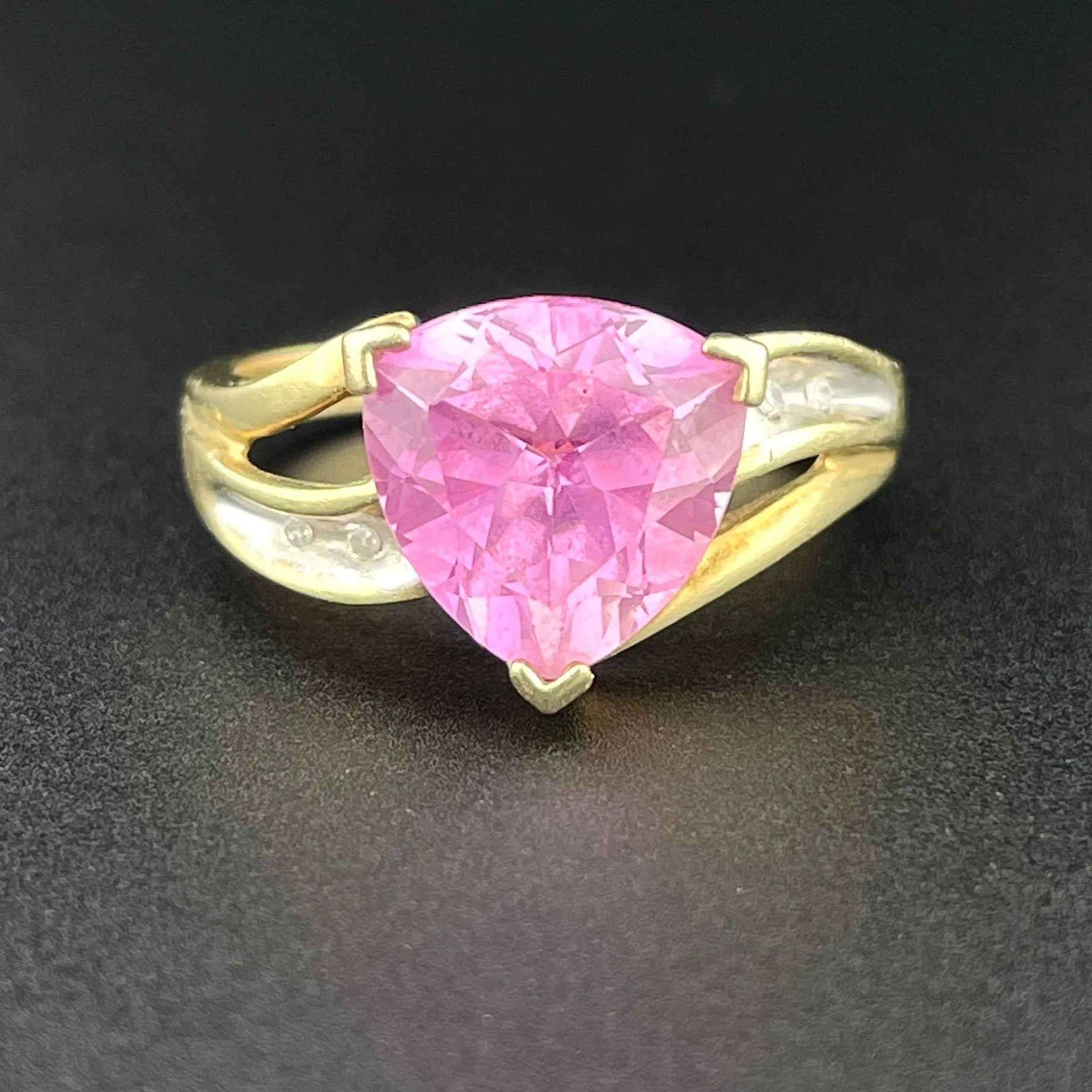 Vintage 10K Trillion Cut Pink Sapphire Diamond Ring, Sz 6 1/2