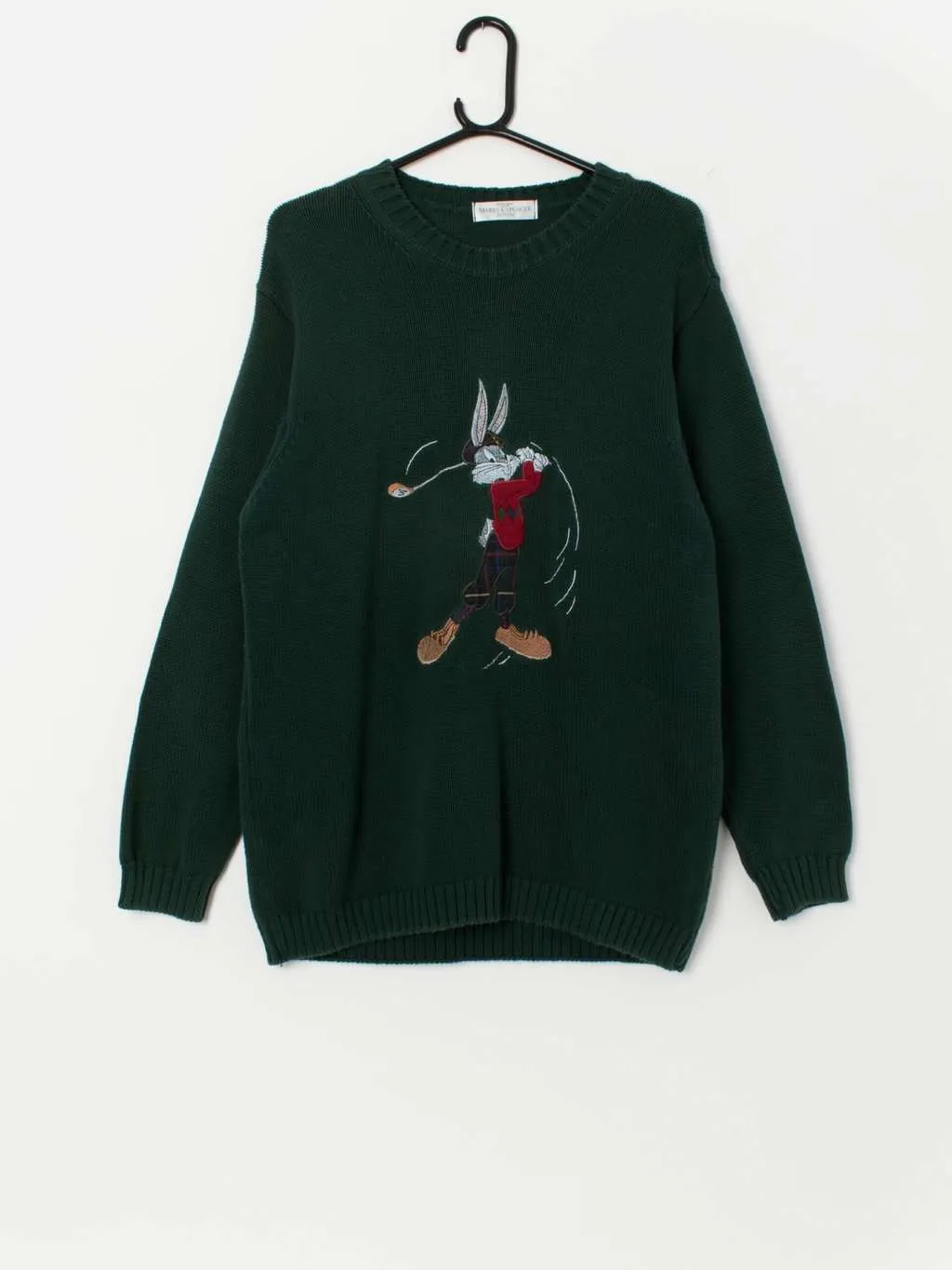 Vintage Bugs Bunny golf jumper in forest green by St Michael – Medium