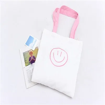 Women Shoulder Tote Bag Smile Embroidery Canvas Cloth Shopping Travel Bag bolsos femenina