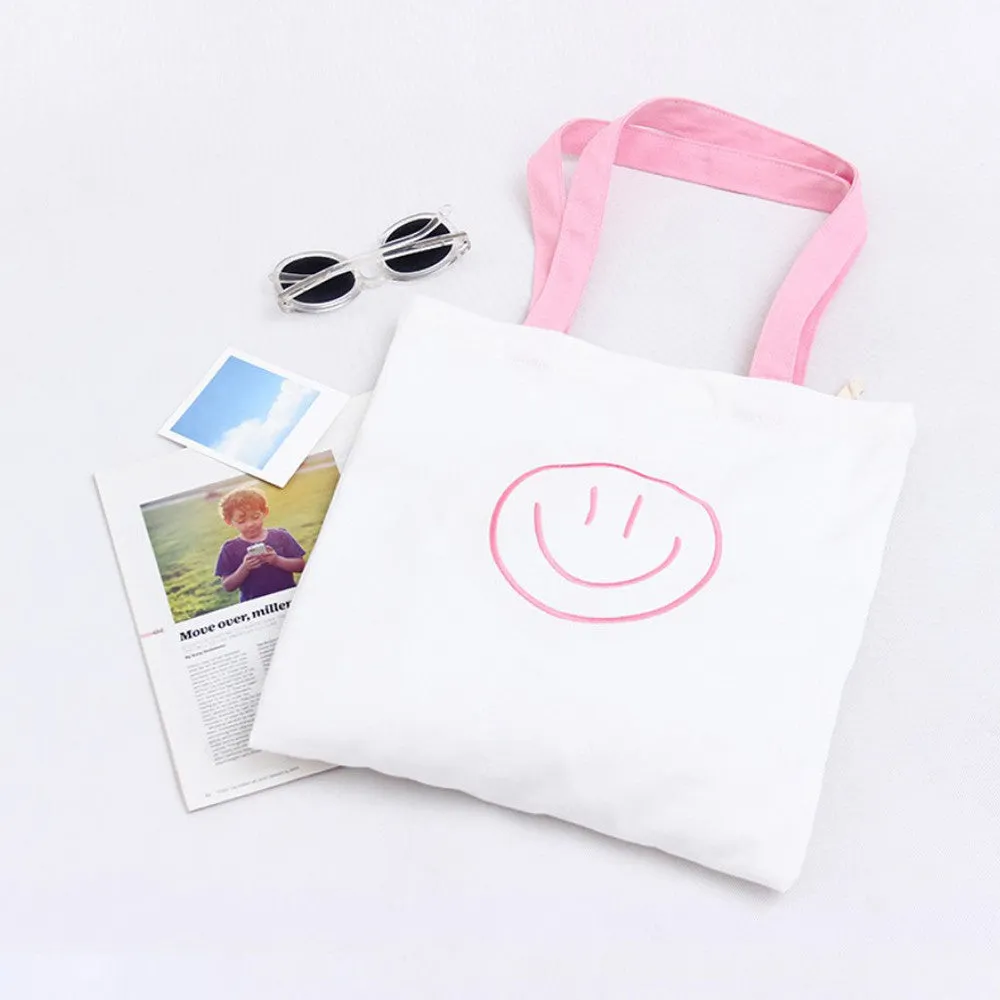 Women Shoulder Tote Bag Smile Embroidery Canvas Cloth Shopping Travel Bag bolsos femenina