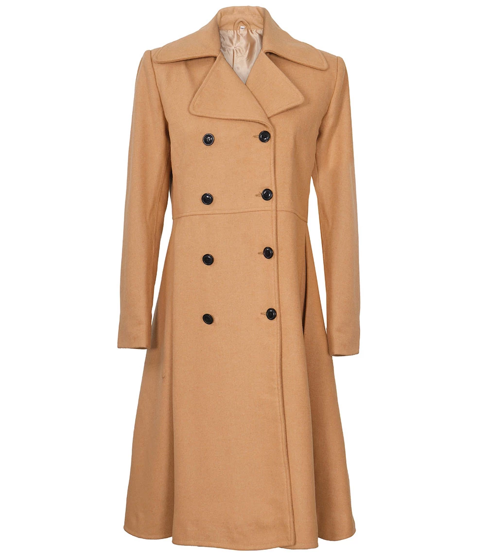 Women's Beige Double-Breasted Wool Overcoat