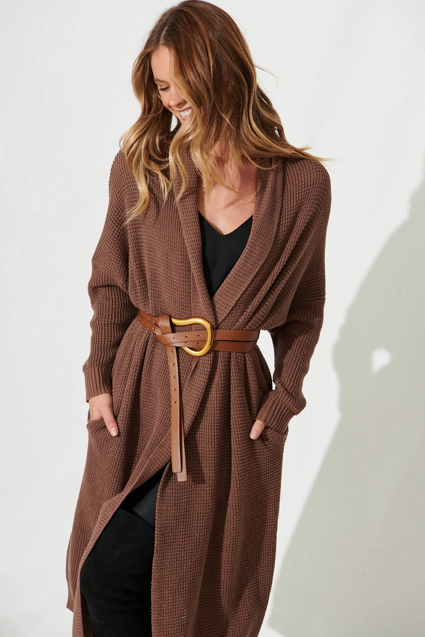 Zellweger Longline Knit Cardigan In Brown Cotton Blend